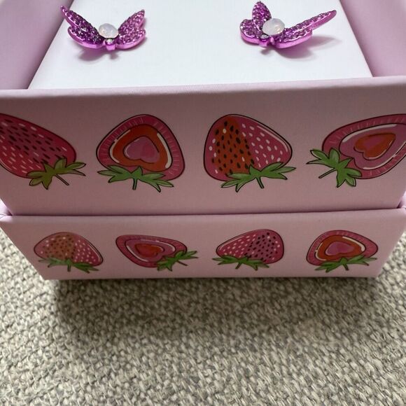 Betsey Johnson Pink Metallic Butterfly Stud Earrings Crystal Accents Strawberry - Picture 4 of 5